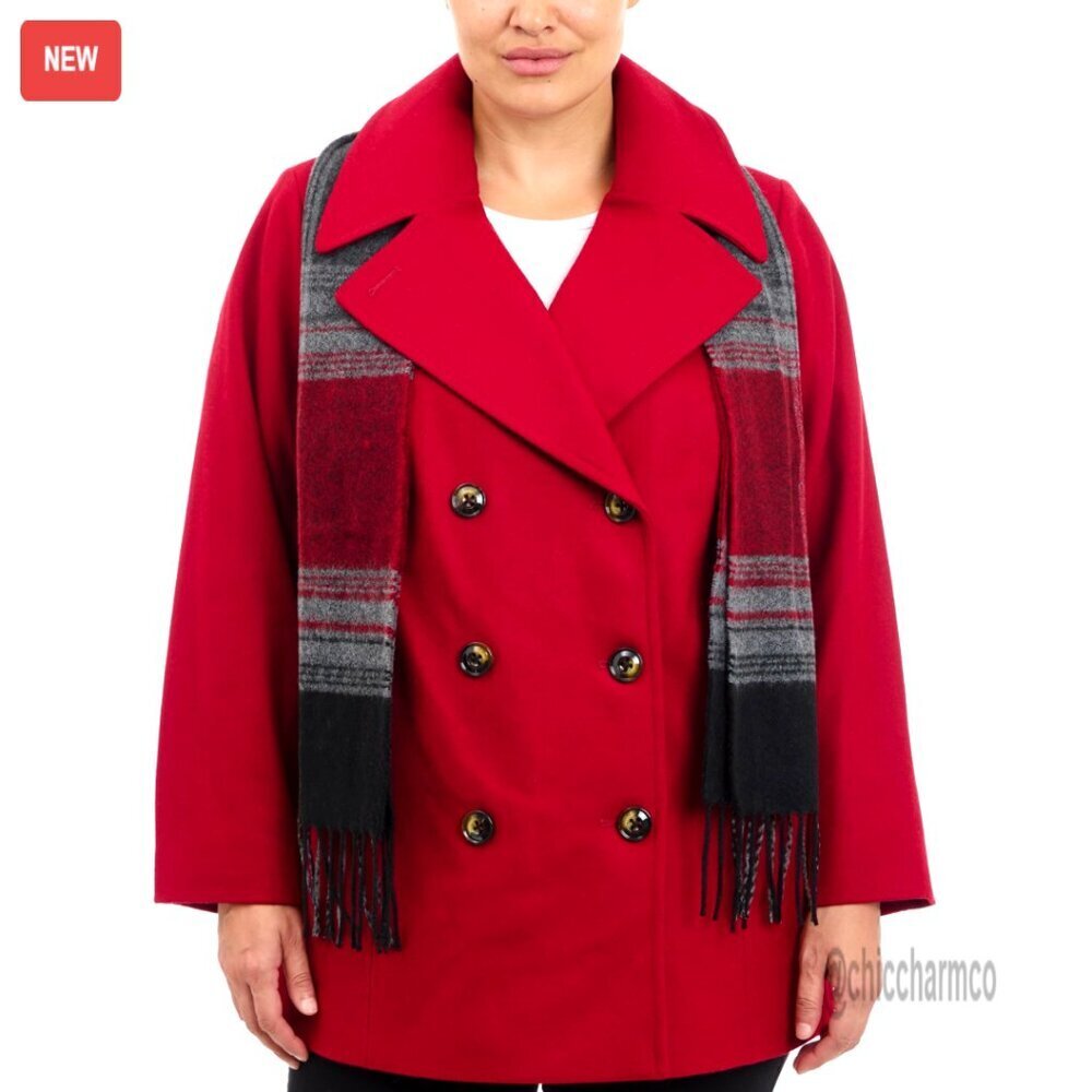 Plus Size Double Breasted Peacoat With Scarf Wool Blend Winter Coat